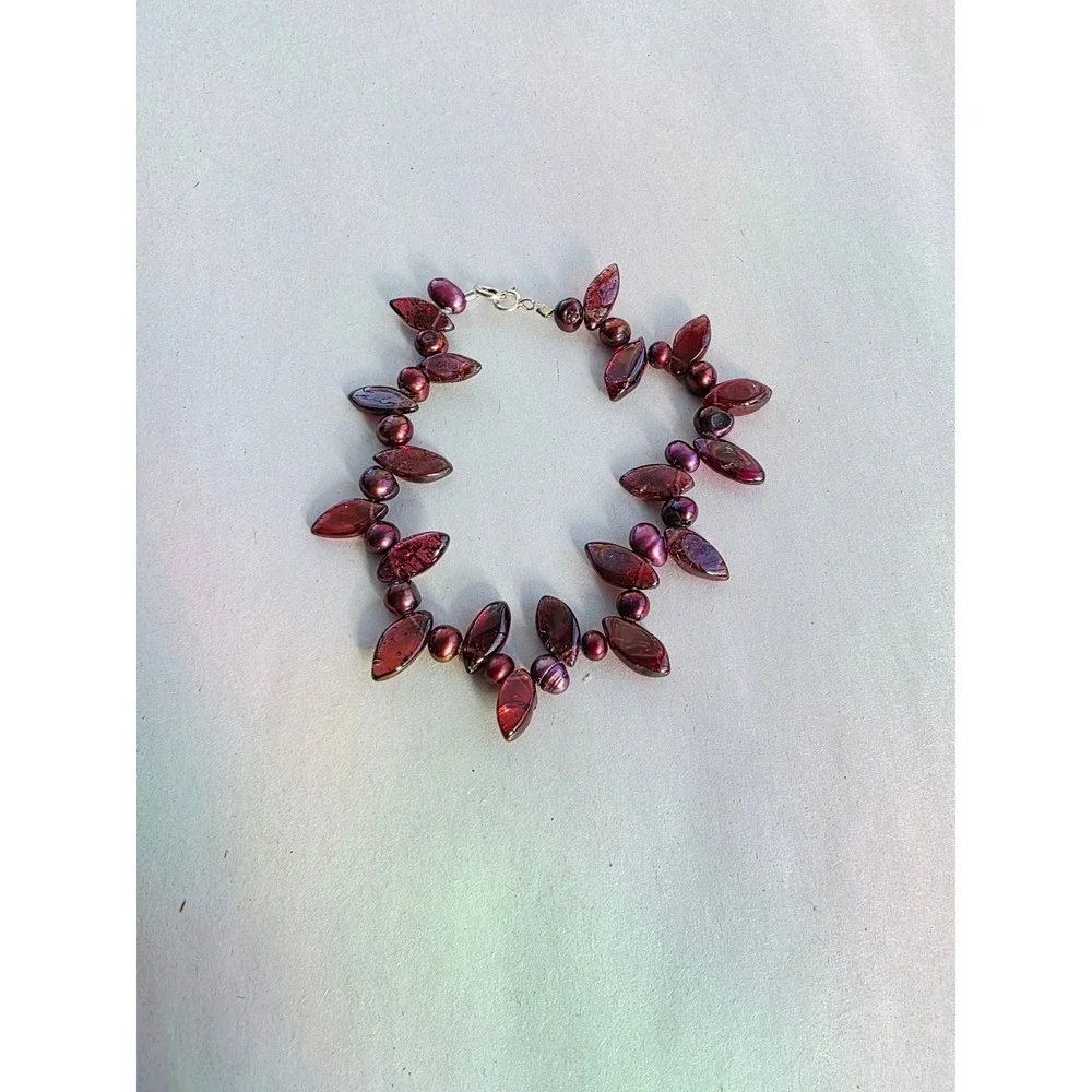 Handmade Sterling Silver 925 Garnet and Genuine Pearl Bracelet Red Wine Gift